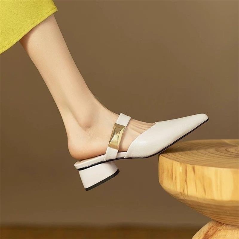 French soft leather bag head half slippers women's summer wear 2025 new Internet celebrity thick heel Mueller shoes middle heel pointed shoes