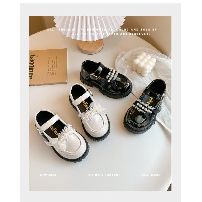 Girls' Pearl Lace Bow Princess Little Leather Shoes2026Spring and summer children's solid color performance shoes for older kids