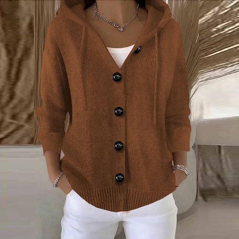 Hooded Sweatshirt Women Long Sleeve Knitted Tops Cardigan Jacket Cross Border Button Sweater Cardigan Women Fashion Coat 2XL коричневый 3590₽