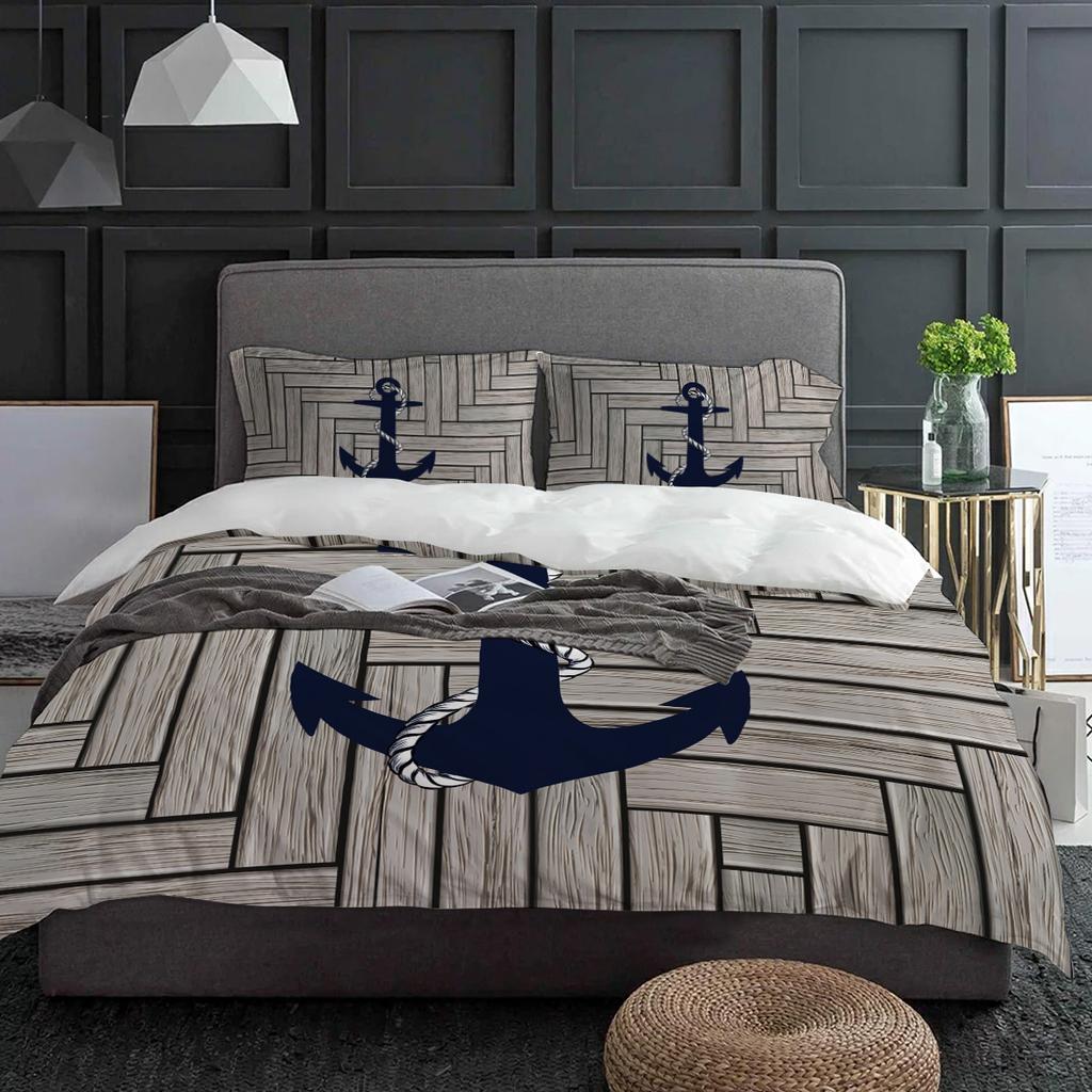 Trästruktur Marin Ankare Påslakan Säng Sängkläder Set Hemtextil Täcke Örngott Sovrum Dubbelsäng Sängkläder Set Inget Lakan