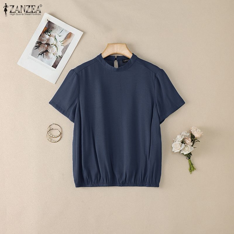 ZANZEA Women Casual Round Neck Solid Color Short Sleeve Blouse