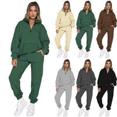 Pulôver feminino com zíper e manga comprida, conjunto esportivo de duas peças, cor sólida, outono e inverno