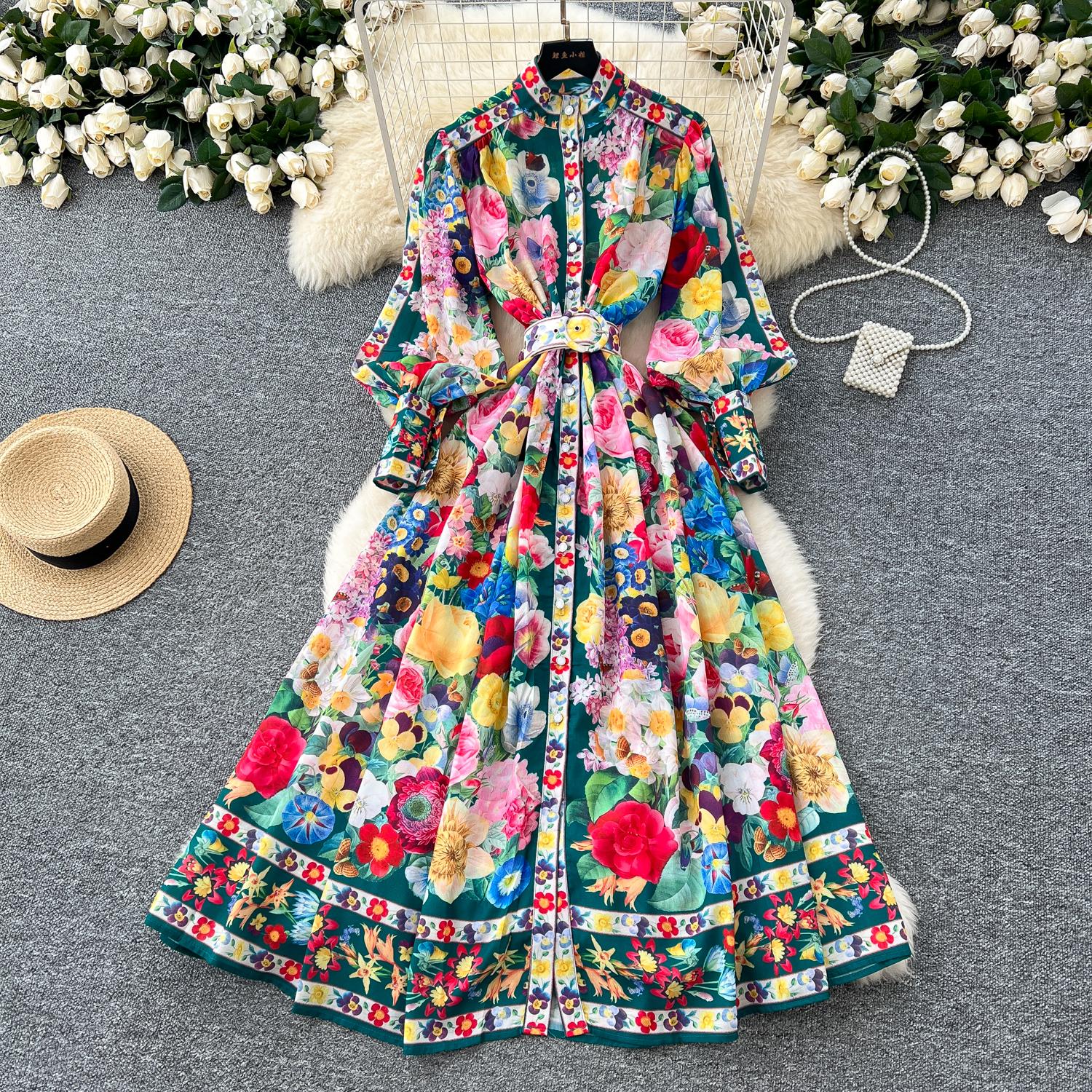 

Весна Осень Женские Плюс Размер Воротник-стойка Винтажный Принт Однобортные Длинные Макси Свободные Праздничные Пляжные Платья с Поясом 2XL зелёный