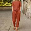 Sommer-Set aus Baumwolle und Hanf für Damen, Halbarm, Rundhalsausschnitt, Oversize-Kapuzenpullover, Hose mit weitem Bein, Retro-Set