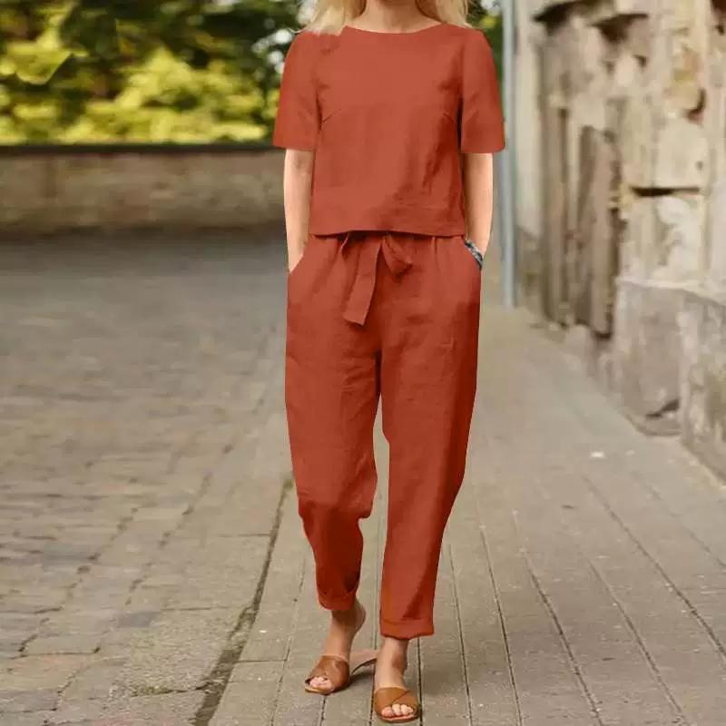 Sommer-Set aus Baumwolle und Hanf für Damen, Halbarm, Rundhalsausschnitt, Oversize-Kapuzenpullover, Hose mit weitem Bein, Retro-Set