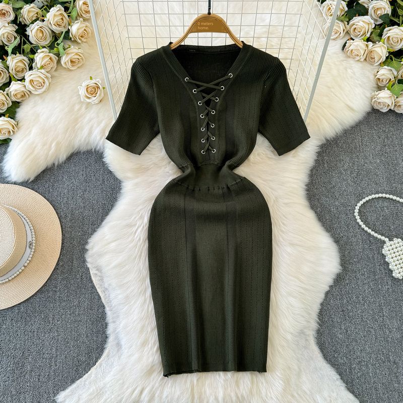 

Dress Women s Summer K-style V-neck Pure Desire Stylish Shoelace Short-Sleeved Knitted Dress Sexy Sexy Hip Skirt Army Green One size
