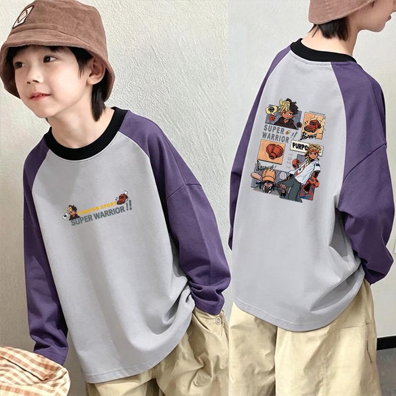 Boys' Color Block Crew Neck Long Sleeve T-shirt - Pure Cotton Base Layer Top for Spring & Autumn 2026