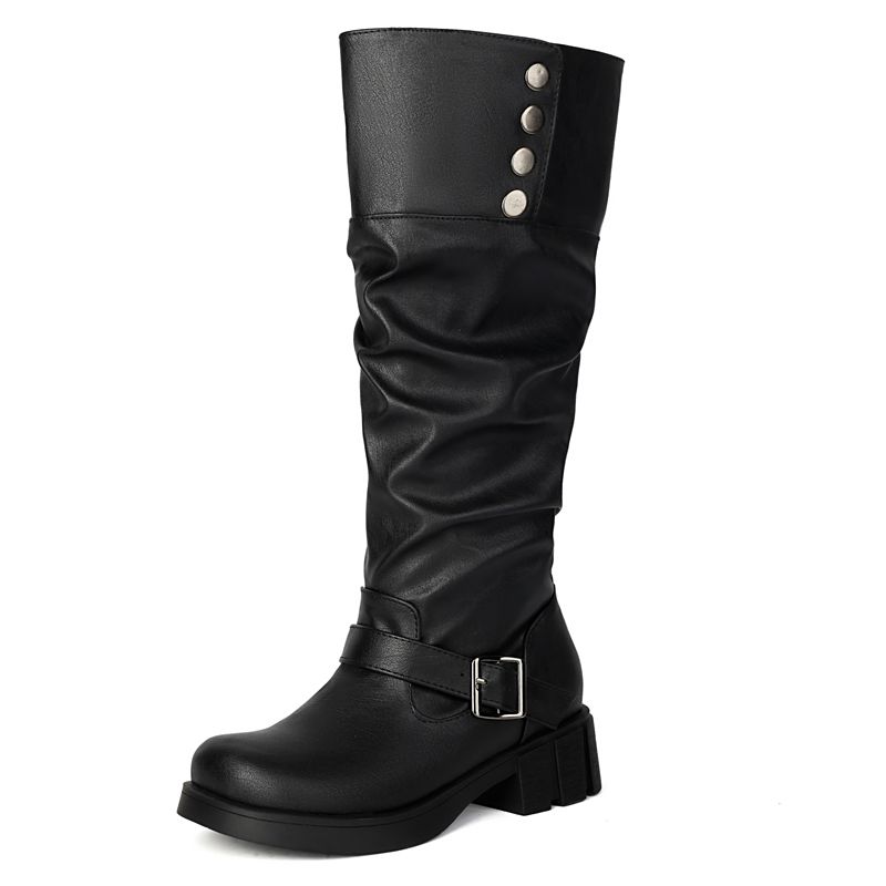 2025 Vintage Women Boots Round Toe Thick Heels 4.5cm Slip On Belt Buckle Metal Decor Plus Size 41 42 43 Leisure Bota