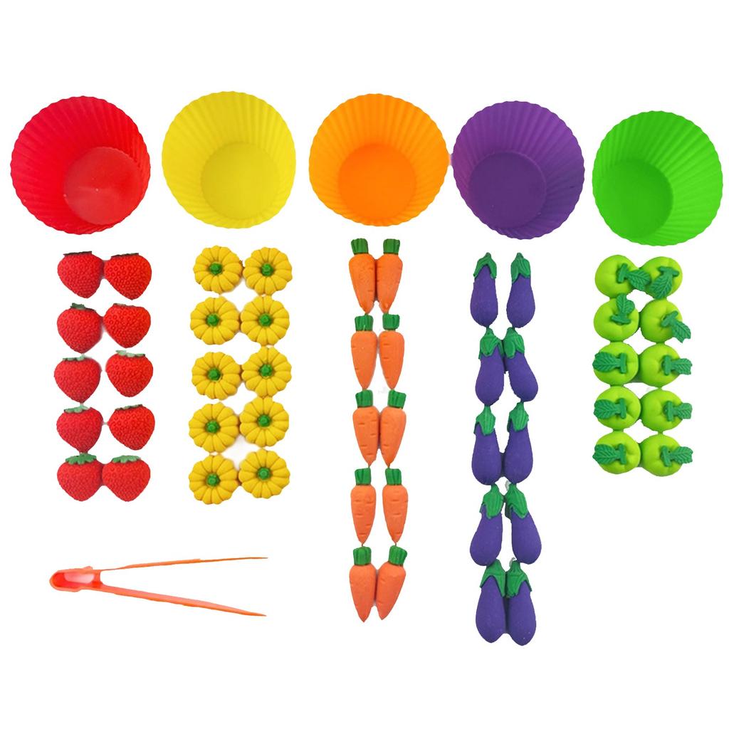 56pcs Educational Toy Set,Fruit & Vegetable Sorting And Counting, Colorful Food Pieces, Fine Motor Skills Development, With Tongs & Silicone Cups,