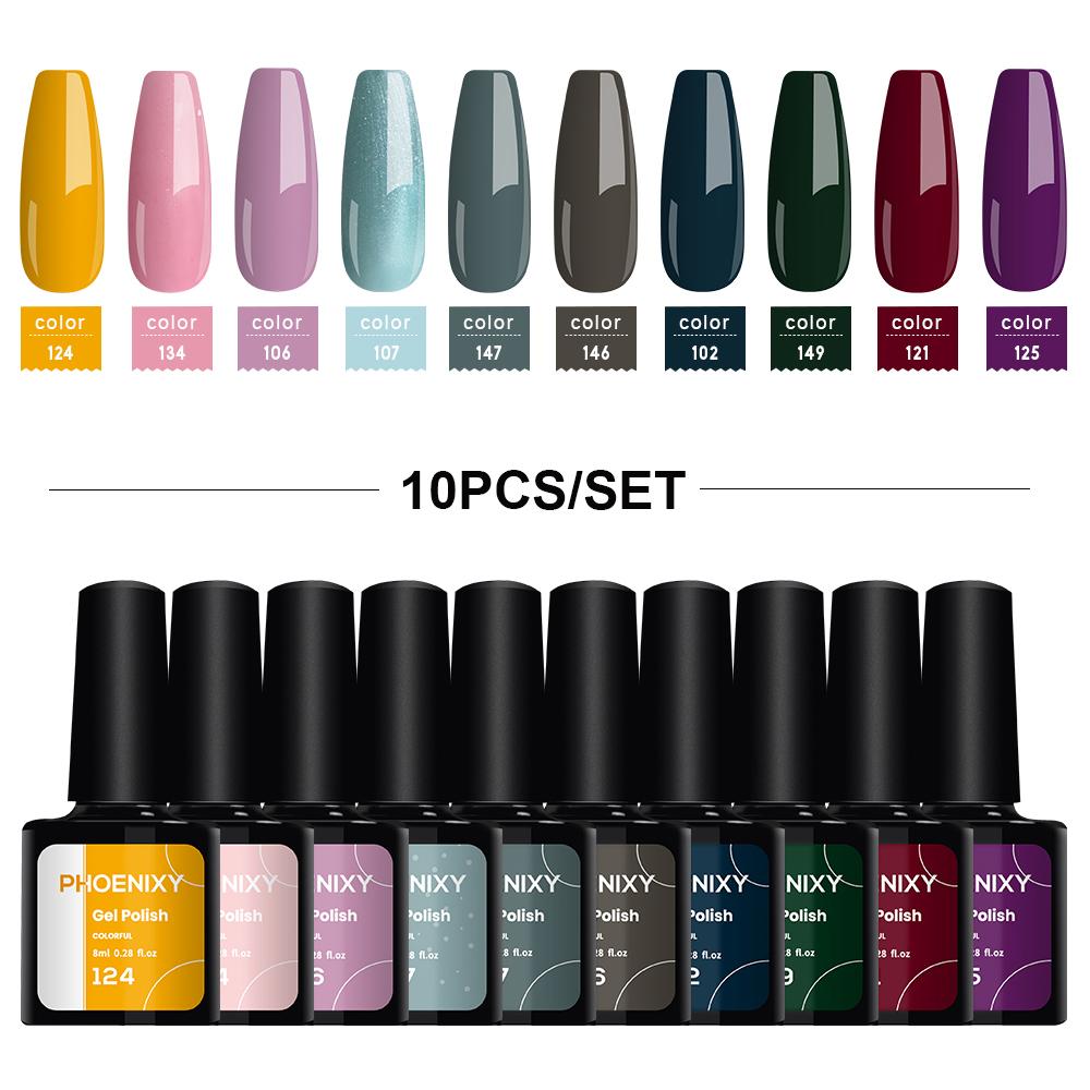 PHOENIXY 10Pcs/Set Mutilcolor Gel Polish Set Glitter Semi-Permanent UV Gel Nail Polish Hybrid Varnish Nail Gel For Nails Manciure Design