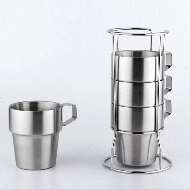 Shangqi Stainless Steel Matte Coffee Cups with Holder - Set of 2 (300ml Each)
