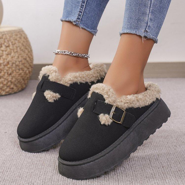 2024 Women's Thick-soled Plush Buckle Winter Cotton Slippers - Large Size, Cross-border Fashion