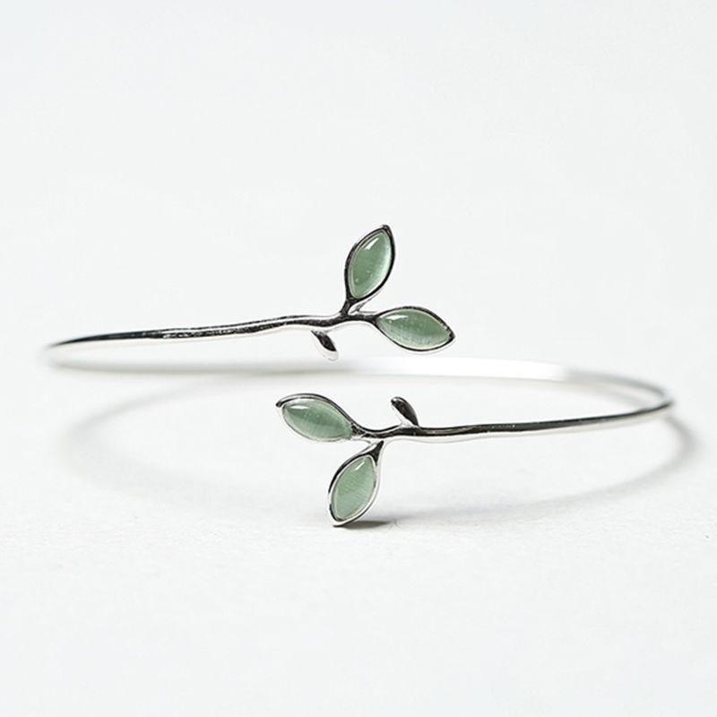 925 Silver Bracelet Bangle Simple Green Leaf Elegant Nature For Woman Girl Fashion Jewelry Gift Dropship