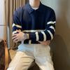 Striped Polo Collar Knitted Sweater For Men's Autumn And Winter Loose Casual Sweater Business Commuting Top