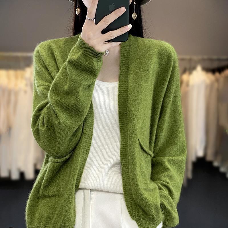 

Cardigan Women s New Spring and Autumn Sweater Loose Knitted Sweater Versatile Pocket Temperament Thin Top Solid Color M
