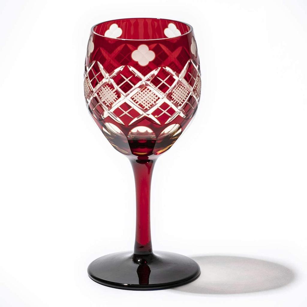 Official Direct Sales from Taiburo Edo Kiriko Wine Glass with and Pattern Wooden Made In Japan Studio Four-Leaf Yarai-Nanko (Amber Red) TB94408AR,