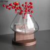 Creative Transparent Glass Vase Solid Wood Base Plant Pots Table Decoration Flower Arrangement Floral Vases Room Aesthetic Decor