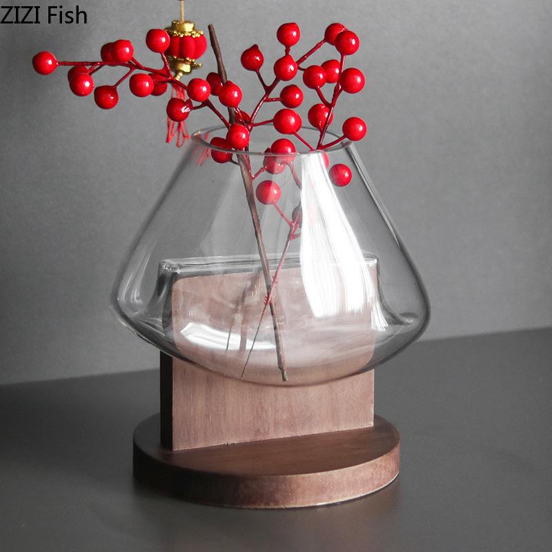 Creative Transparent Glass Vase Solid Wood Base Plant Pots Table Decoration Flower Arrangement Floral Vases Room Aesthetic Decor