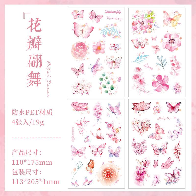 4-Sheet Butterfly & Flower PET Decorative Stickers, Vibrant Designs for Journal Embellishment & Hand Account