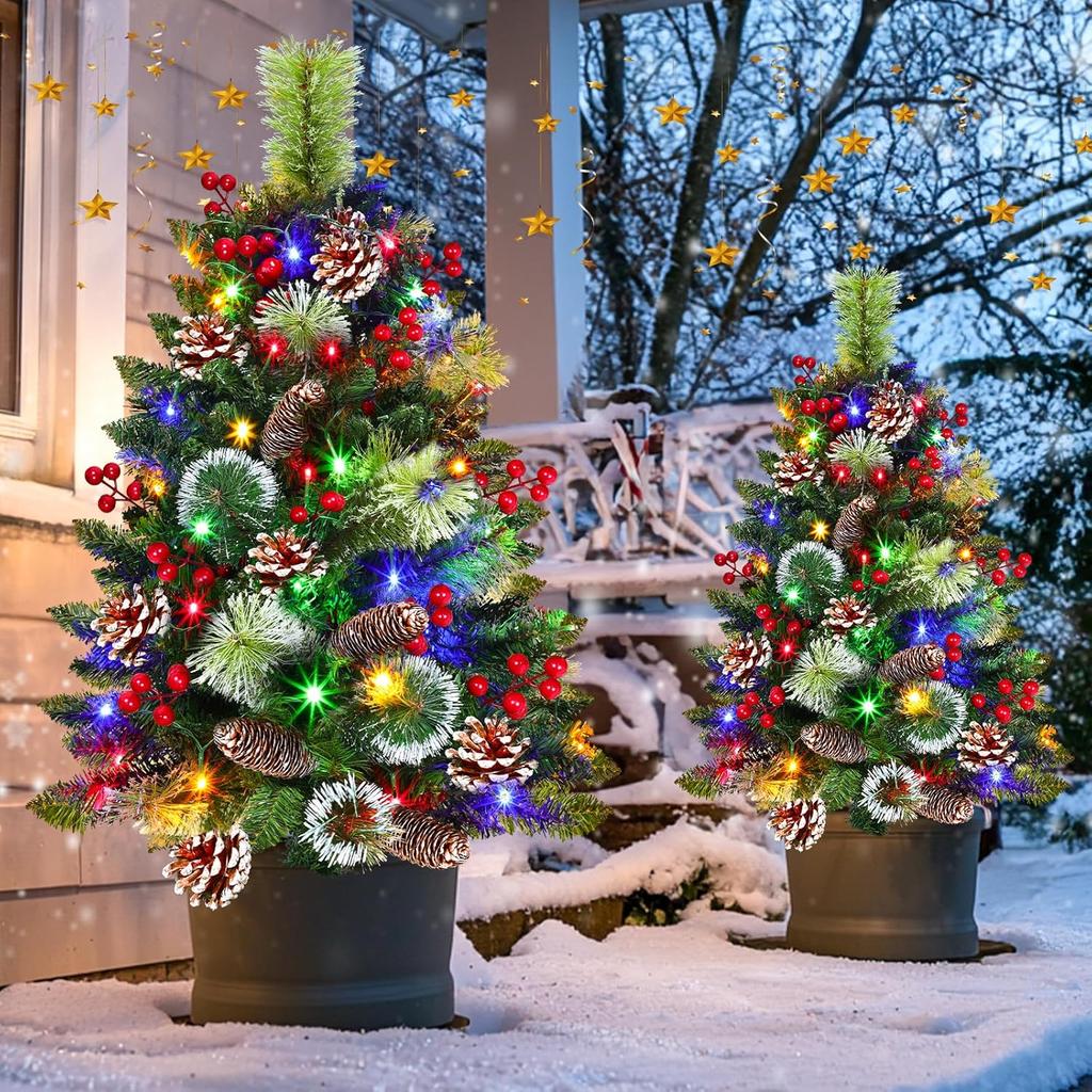 Outdoor Christmas Tree 2 Pack 33' with 50 Lights, 8 Modes Timer, Battery Operated, Pinecones & Berries for Yard, Porch, Planter