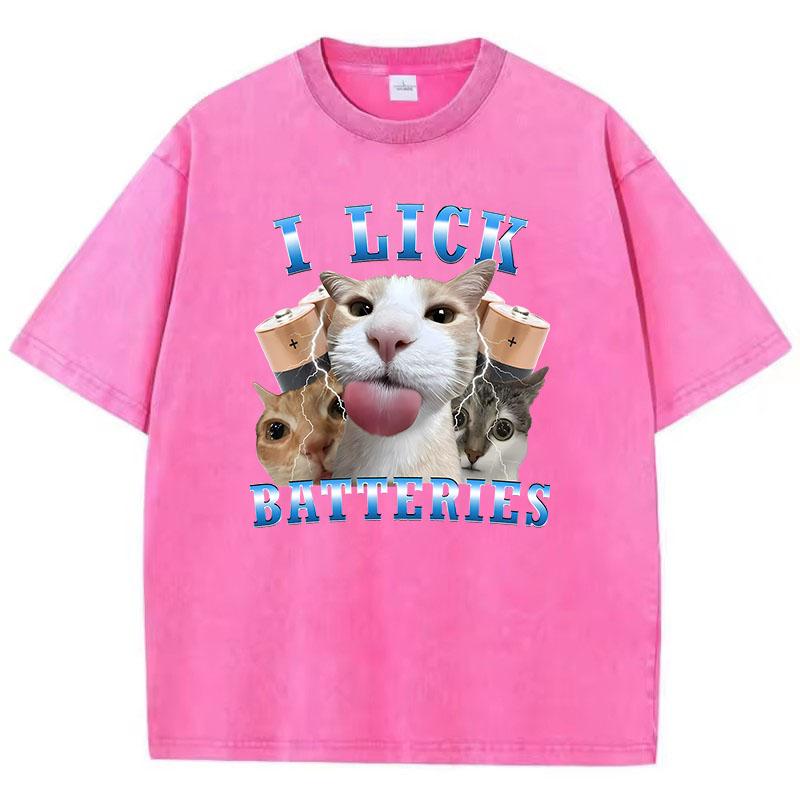 

Fashion T Shirt Vintage Washed Cotton T-Shirt I Lick Batteries Funny Cat Graphic Tee Casual Streetwear Spring Summer shirt 3XL