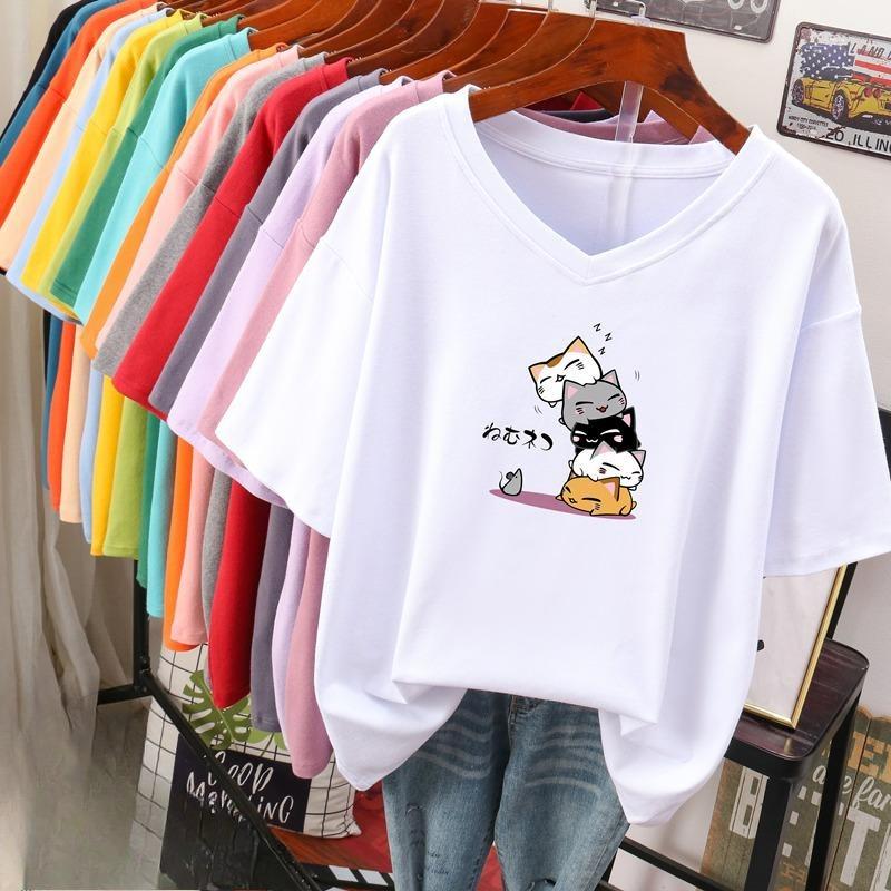 

Short-sleeved T-shirt for Women, Large Size, Loose and Slimming, Printed V-neck Top S білий