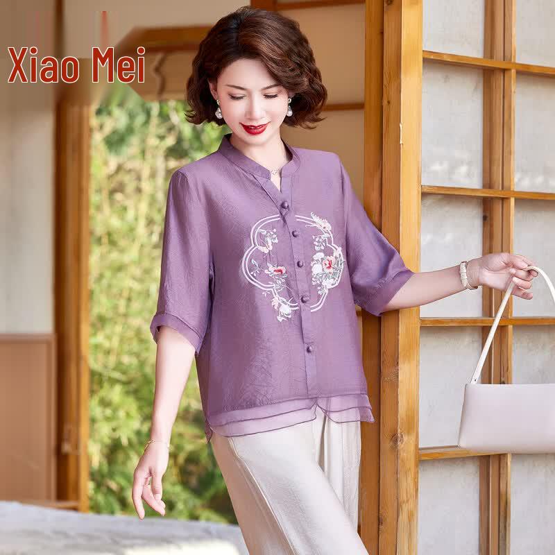 Elegant Women s New Chinese Style Summer Short Sleeve Top Set XL