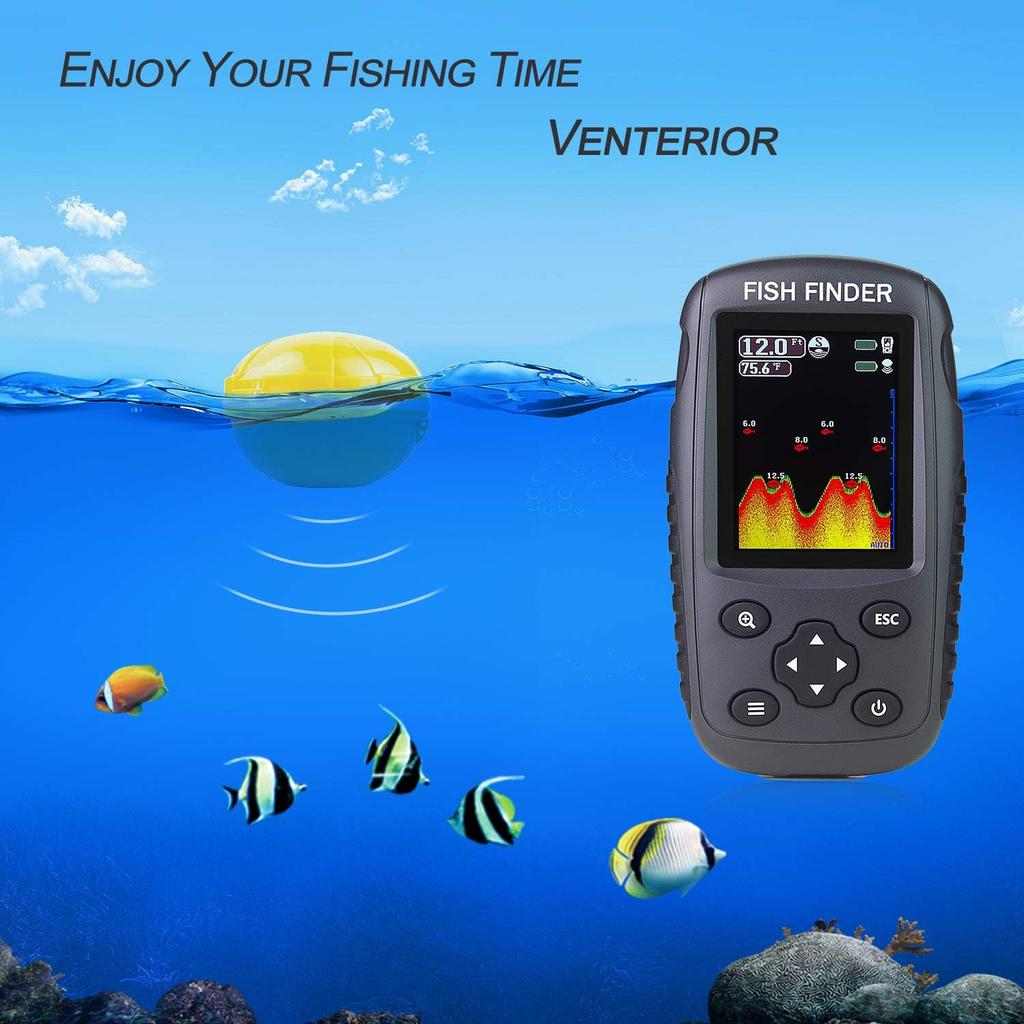 Tragbarer wiederaufladbarer Fischfinder Drahtloser Sonarsensor Fischfinder Tiefenlot mit Fischgröße, Bodenkontur, Farb-LCD-Display