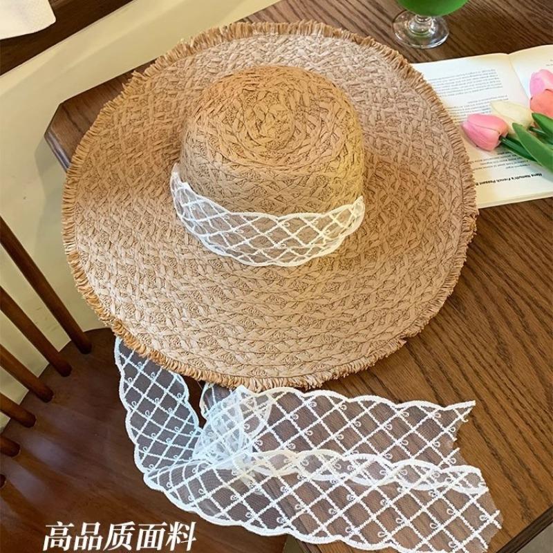 Lace strap large brim straw hat women's summer travel sun protection sun hat seaside beach hat vacation hat