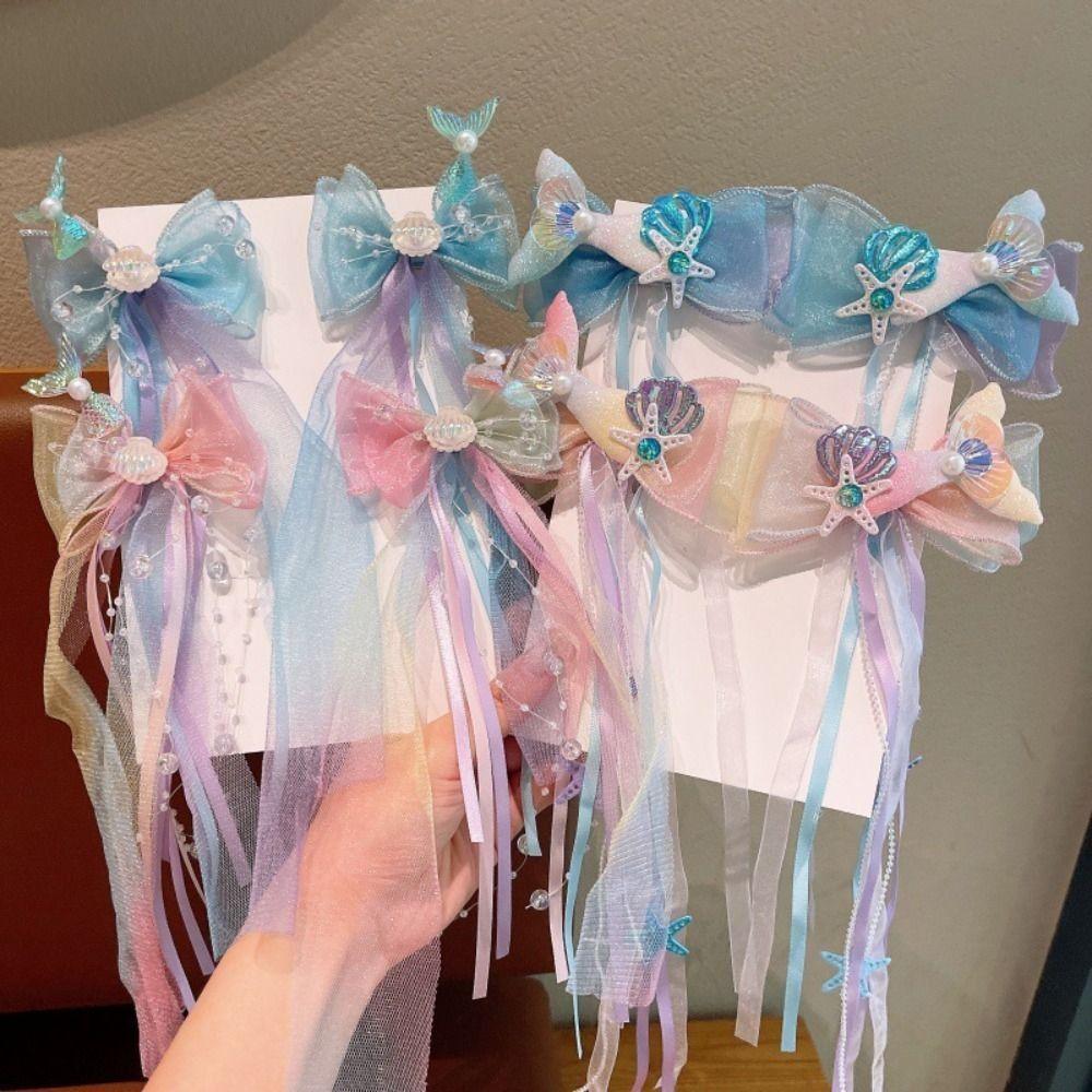 Mermaid Bow Hair Clips Princess Barretes New Ribbons Hairpin  for Kids