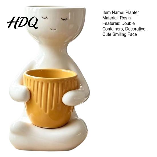Cute Zen Home Decor Smiling Face Plant Pot, Double Planting Space Planter, Resin Layered Landscaping Planter Sitting Figure Flowerpot for Succulents,