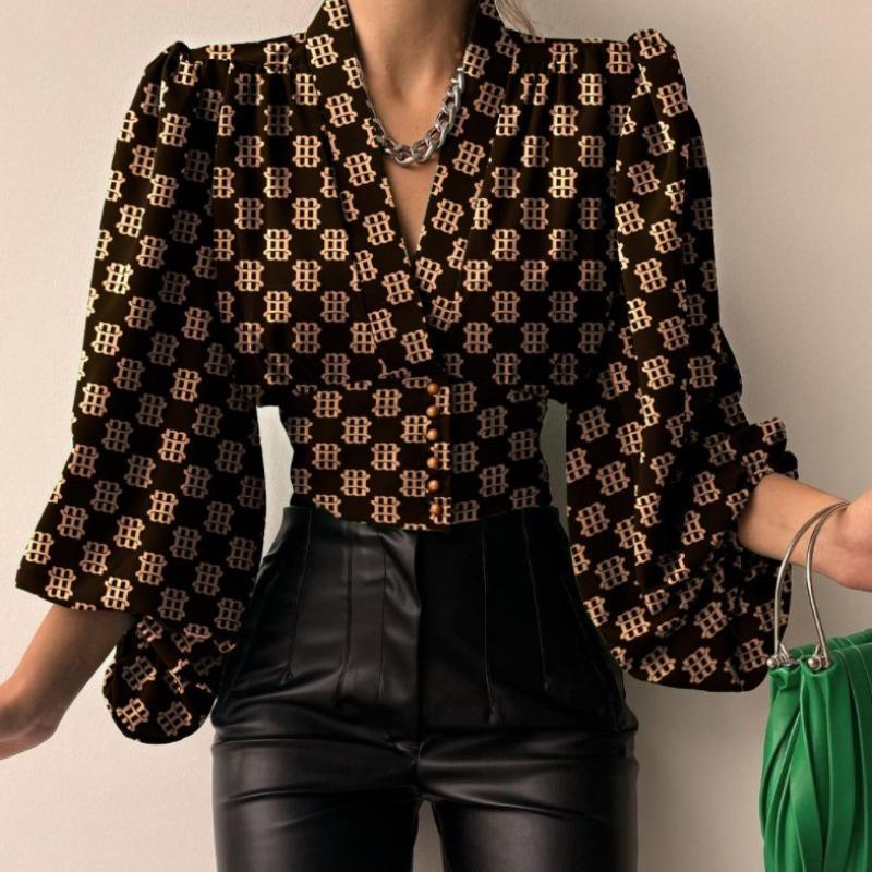 Summer New Style Temperament Button V-neck Lantern Sleeve Blouse Shirt Women