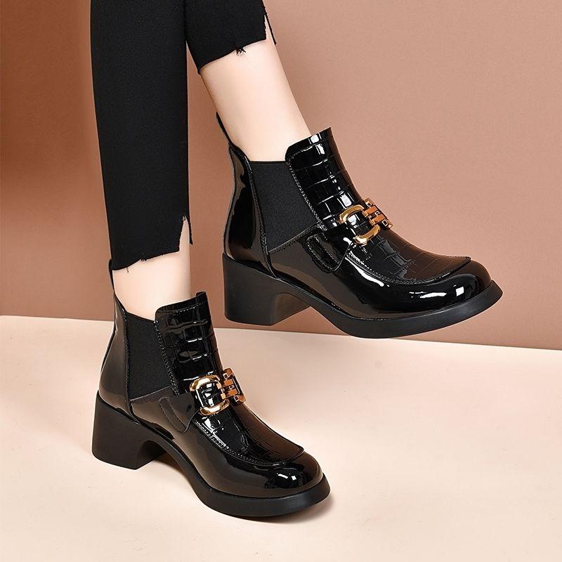 Fhanchu  New Chelsea Ankle Boots,High Heeled Botas,Round Toe Patent Leather Autumn/Winter Shoes,Size 35-40,Black,Dropship