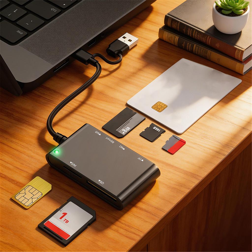 6-in-1 Multi Memory Card Reader for Windows Mac Smart/MS/M2/TF/SIM/SD Card Reader No Application Required Plug and Play