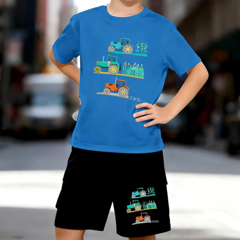 Boys 2 Piece Farming Themed Printed Outfit, Short Sleeve T-Shirt and Shorts Set for Kids Age 5-14,Black,White Sporty Casual Summer Clothes
