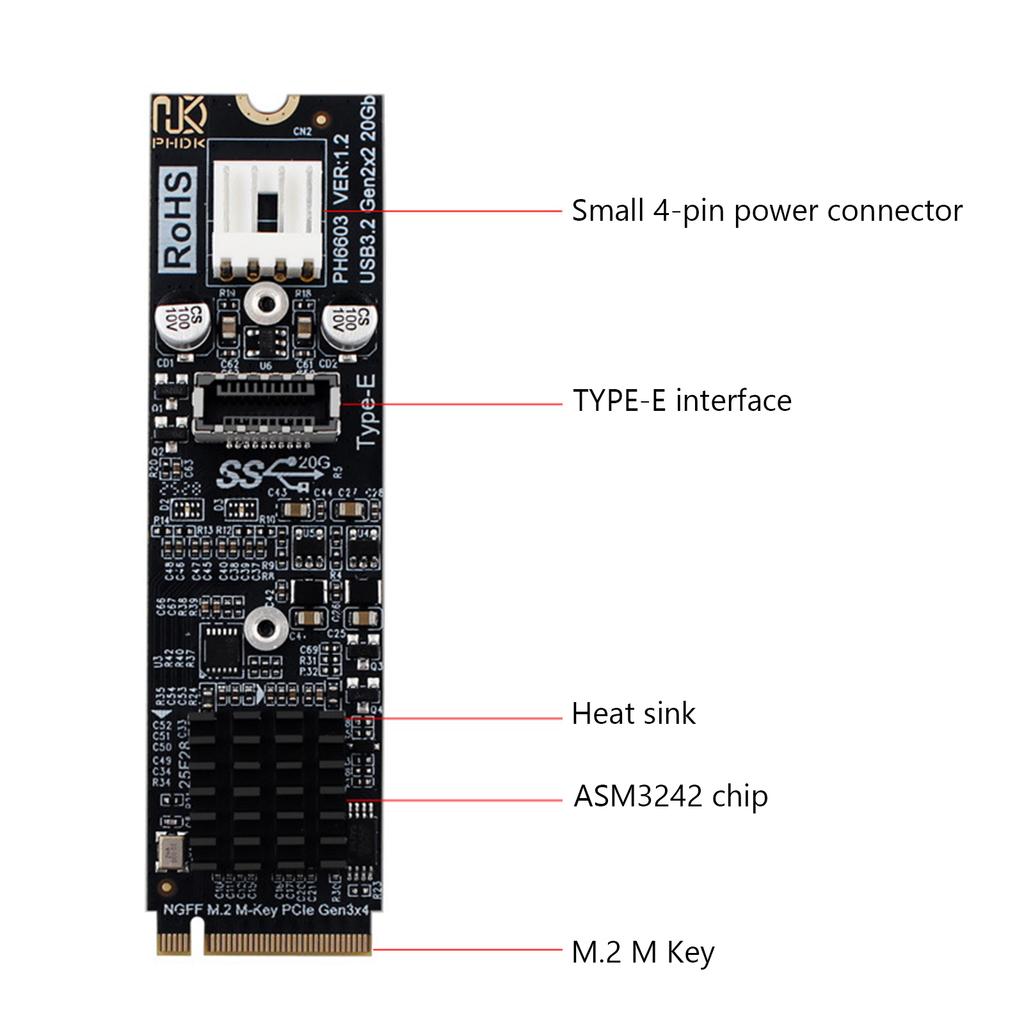 M2 PCIE NVME To TYPE E Expansion Card Riser ASM3242 Chipset M2 M Key PCIe To USB3.2 Front Panel Expansion Card for PC