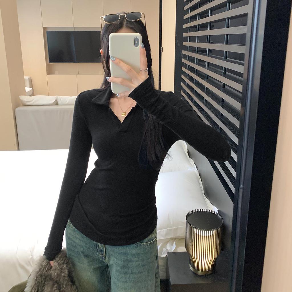 Elegant Korean Style Grey Slim Fit Lapel T-shirt: Women's Autumn/Winter Long Sleeve Base Layer Top