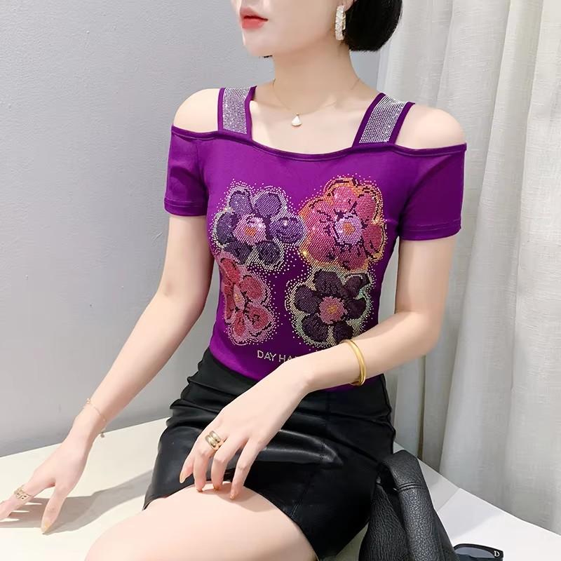 TrendHub Sexy Off Shoulder T Shirt for Women Luxury Flower Diamonds Short Sleeve Tee Summer Fashion Womens Mesh Tee Shirts Top