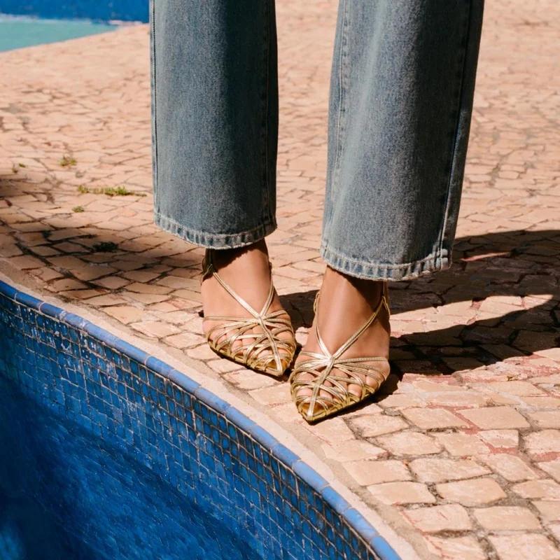 Fashion Gold Narrow Strap Hollow Out Design Heeled Sandals Women Sexy Pointed Toe Ankle Strap High Heels Elegant Banquet Wedding Shoes