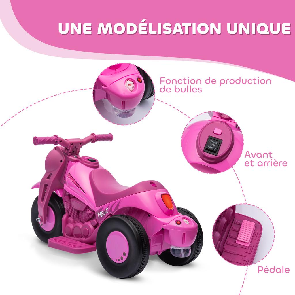 Electric Motorcycle Children 2-5 Years, 3 Wheels, 6 V, 3 Km/h, with Bubble Function, Light and Sound Effects, Pink
