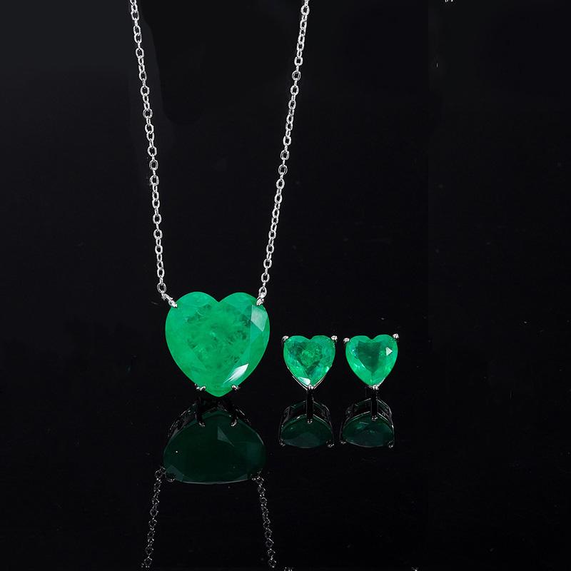 Set di gioielli in Argento Sterling 925 con Smeraldo Paraiba Cuore Semplice Collana Orecchini per Donne Ragazze Vintage Tormalina Pietra Preziosa Parte