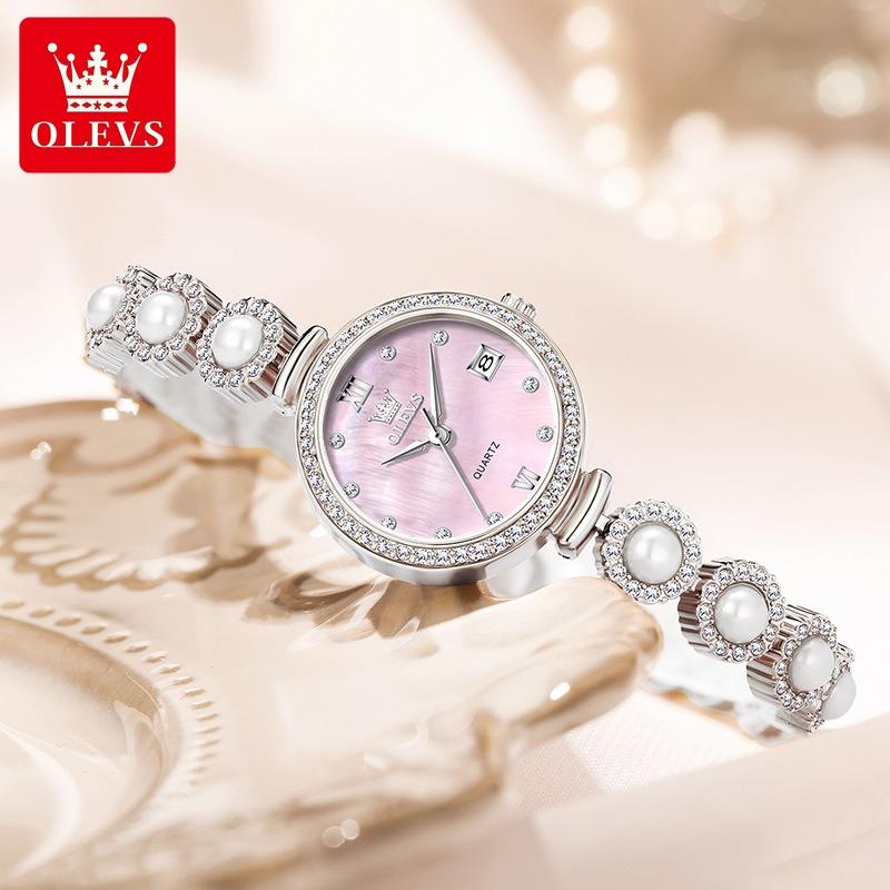 

OLEVS Женские часы Элегантные модные оригинальные кварцевые часы водонепроницаемые жемчужные часы с цепочкой автоматические женские часы с датой розовый цвет-серебро