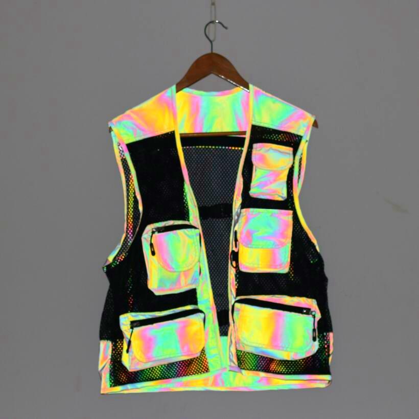 

Techwear Rainbow Color Hip Hop Reflective Vest Mesh Multi-pockets Sleeveless Jacket Mens Fishing Photographer Waistcoat Gilet S чёрный