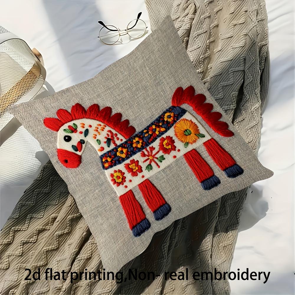 2D flat- Bohemian Folk Art Horse Print Linen Throw Pillow Cover Home Decor Cushion Case for Sofa Couch Bedroom