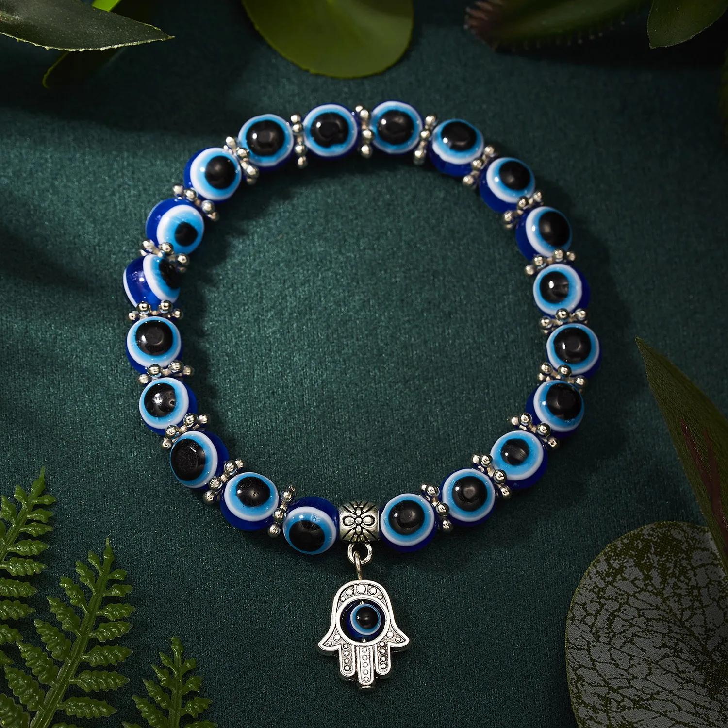New Turkish Lucky Evil Eye Bracelets For Men Women Blue Evil Eye Palm Butterfly Charm Elastic Beads Chain Bangle Party Jewelry