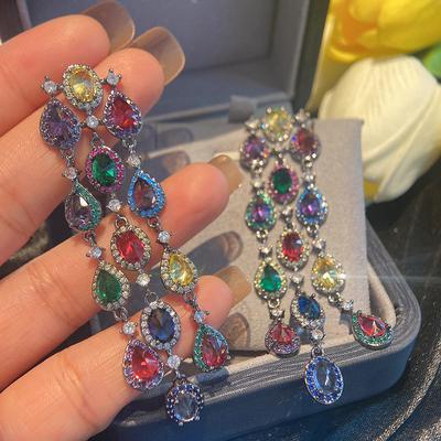 925 Silver Needle Stud Earrings Boho Beads Multicolored Cubic Zirconia Sparkling Earrings Long Dress Wedding Accessories Gifts