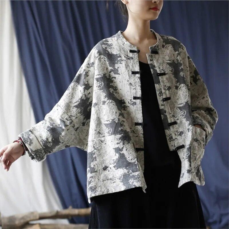 Johnature Dámské Vintage Žakárové Košile Topy Stojáček Dlouhý Rukáv Knoflíky Patchwork Kapsy Halenky Jarní Košile