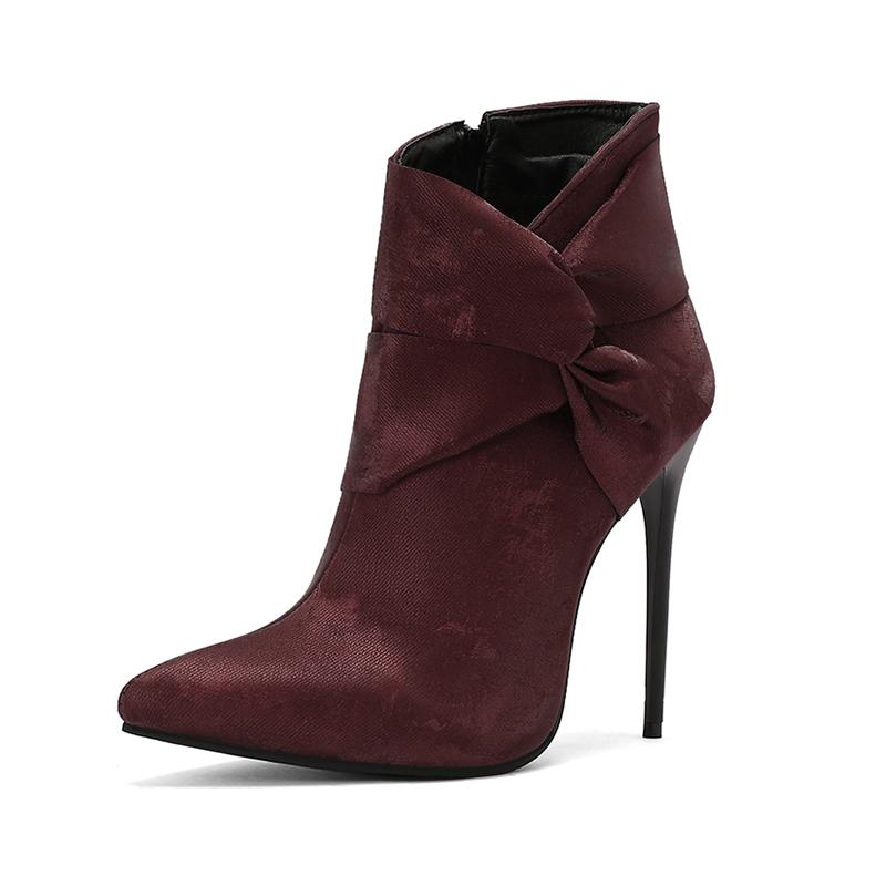 

12см Сексуальные женские ботильоны на шпильке, украшенные бантом из шпагата, Обувь на супертонком каблуке, Тканевые короткие ботинки 48 вино красного