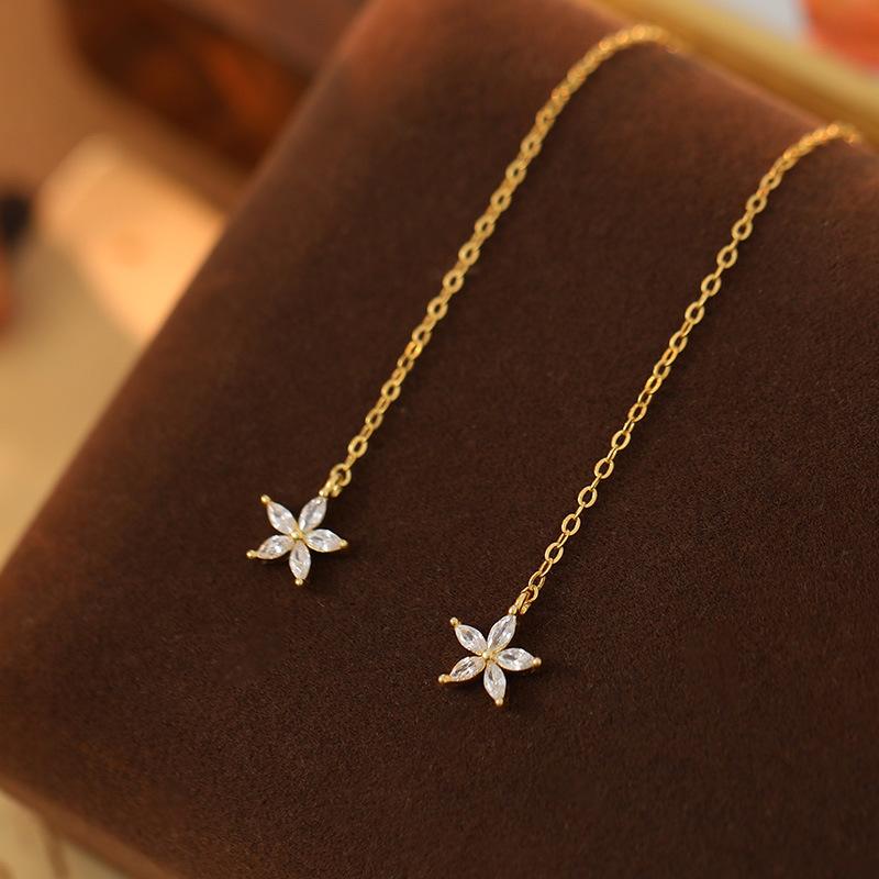 

925 Sterling Silver Exquisite Zircon Flower Earrings for Women High Quality Long Tassel Star Ear Jewelry золотий