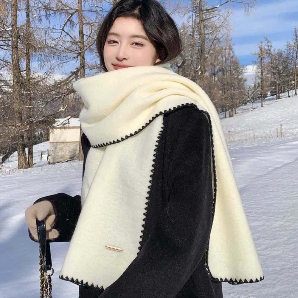 Solid Color Lock Edge Winter Scarf Soft Women Warmer Scarf Long Thickened Neckscarf  Christmas
